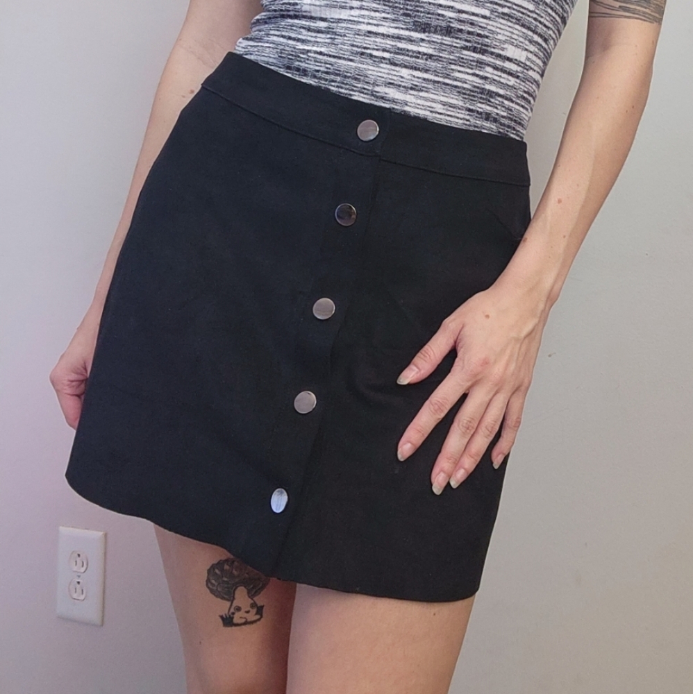 Black Button High Waist Faux Suede Skirt